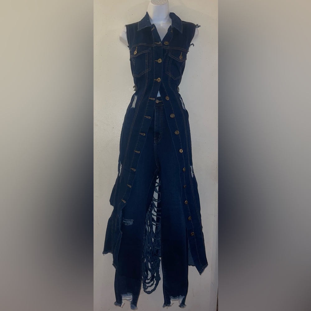 Denim Distressed Maxi Vest with Button Front and Matching Distressed Jeans - Picture 6 of 7